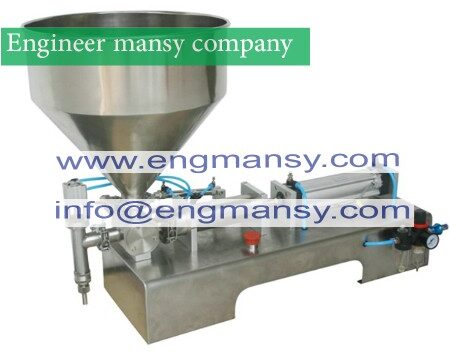Pneumatic pasty food filling machine sticky pasty filler stainless SS304, hot sauce bottling equipment, beverage packer model 404 Engineer mansy international mark