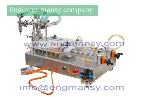 semi automatic tabletop liquid soap filling machine, pneumatic piston filler Model 403 engineer mansy international brand